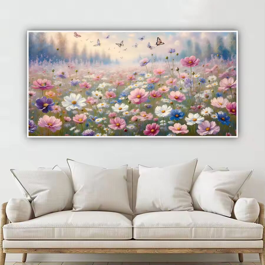 Butterfly Pink Flower Landscape Poster And Prints,Nordic Wall Art Pictures, Canvas Painting For Living Room Home Decor No Frame